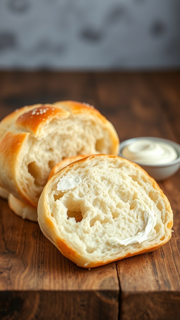 Fluffy cloud bread pieces on a wooden table with cream cheese spread.